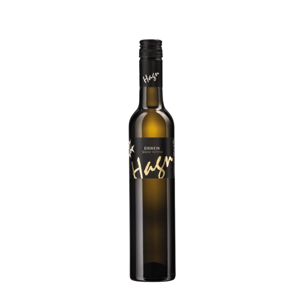 Fles oostenrijkse zoete wiite dessert wijn Hagn eiswein gruner veltliner 2023 zoete oostenrijkse specialiteit PUUR Oostenrijk