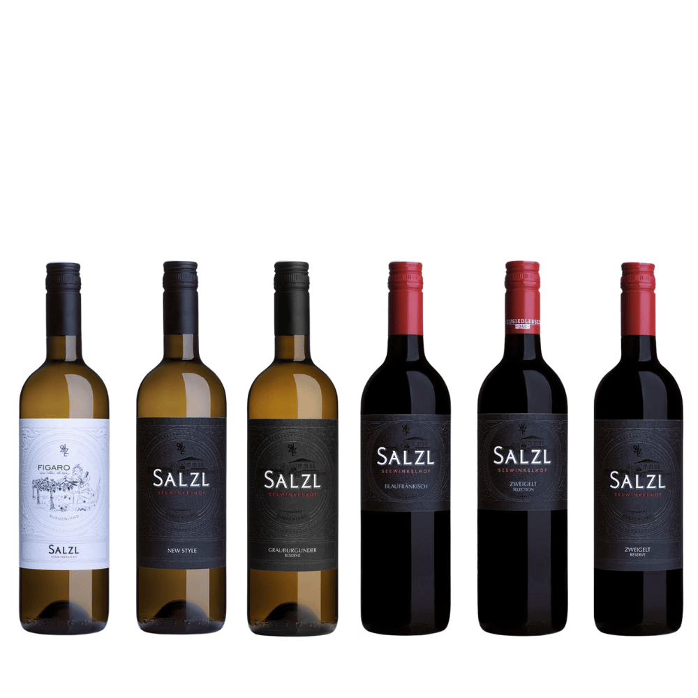 6 flessen Oostenrijkse wijn van wijngoed Salzl, Figaro Grüner Veltliner, New Style Chardonnay, Grauburgunder Reserve, Blaufränkisch, Zweigelt selection neusiedlersee dac en zweigelt reserve neusiedlersee dac PUUR Oostenrijk